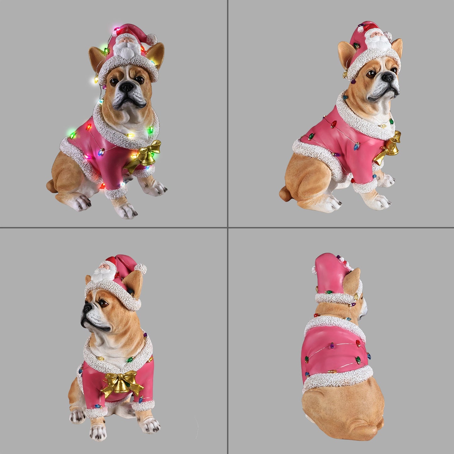 Christmas French Bulldog Statue by HouseOfZazla pink fur-trim coat with multicolor lights and gold bow on Tampa Home & Garden Store