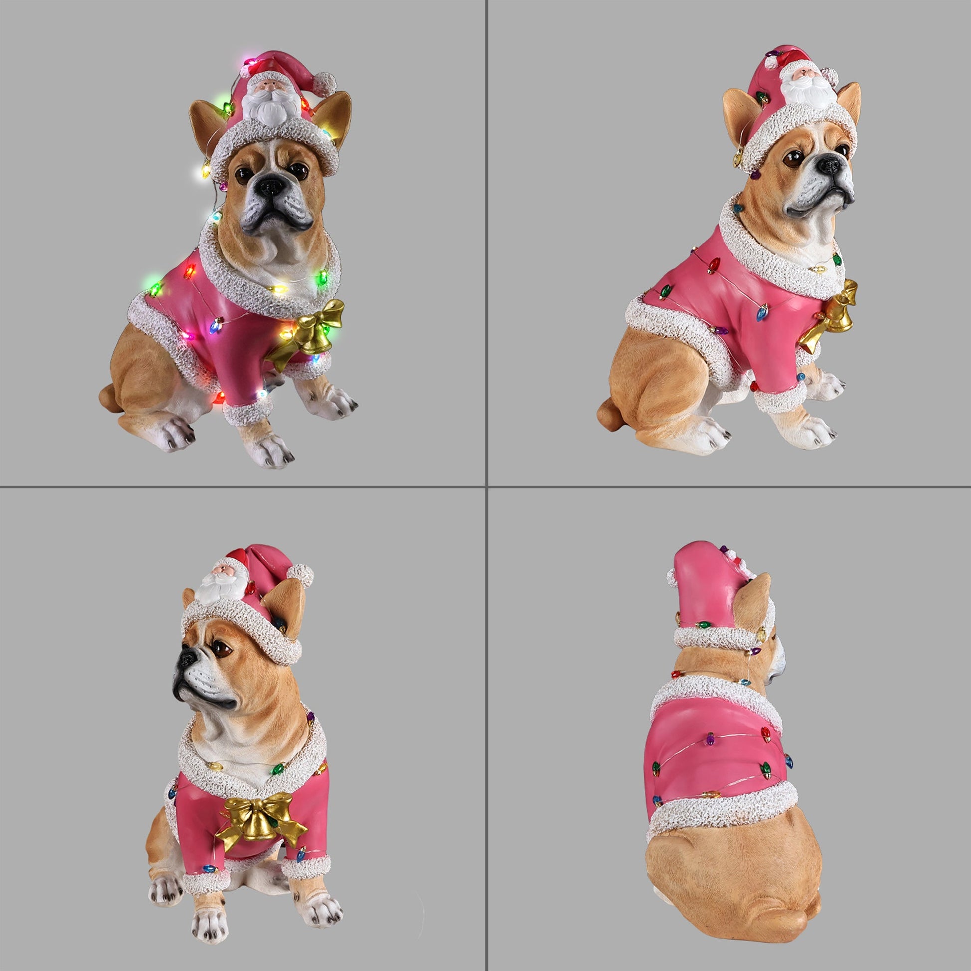 Christmas French Bulldog Statue by HouseOfZazla pink fur-trim coat with multicolor lights and gold bow on Tampa Home & Garden Store