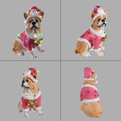 Christmas French Bulldog Statue by HouseOfZazla pink fur-trim coat with multicolor lights and gold bow on Tampa Home & Garden Store