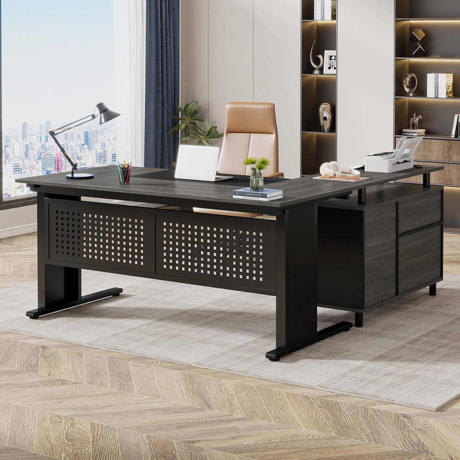 HouseOfZazla L-Shaped executive desk in dark wood with perforated panels and drawers on Tampa Home & Garden Store