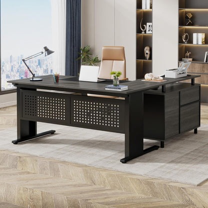 HouseOfZazla L-Shaped executive desk in dark wood with perforated panels and drawers on Tampa Home & Garden Store