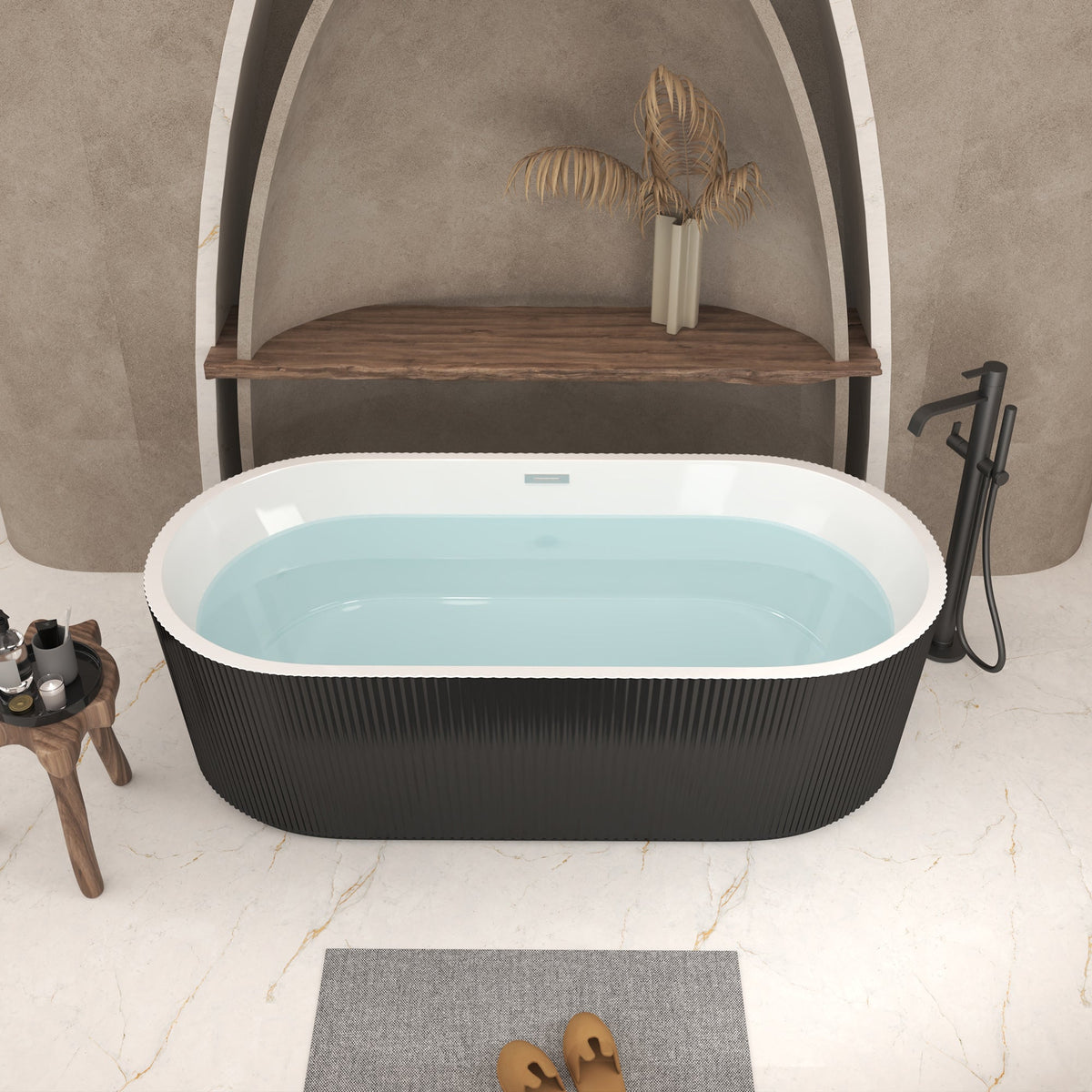 67 Inch linear acrylic freestanding tub with black ribbed exterior and white interior by HouseOfZazla on Tampa Home & Garden Store