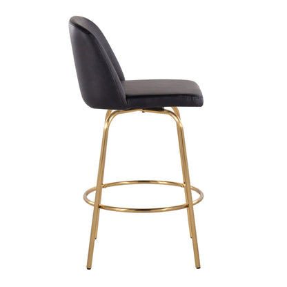 Toriano fixed-height swivel counter stool set of 2, black faux-leather seat with gold legs on Tampa Home & Garden Store