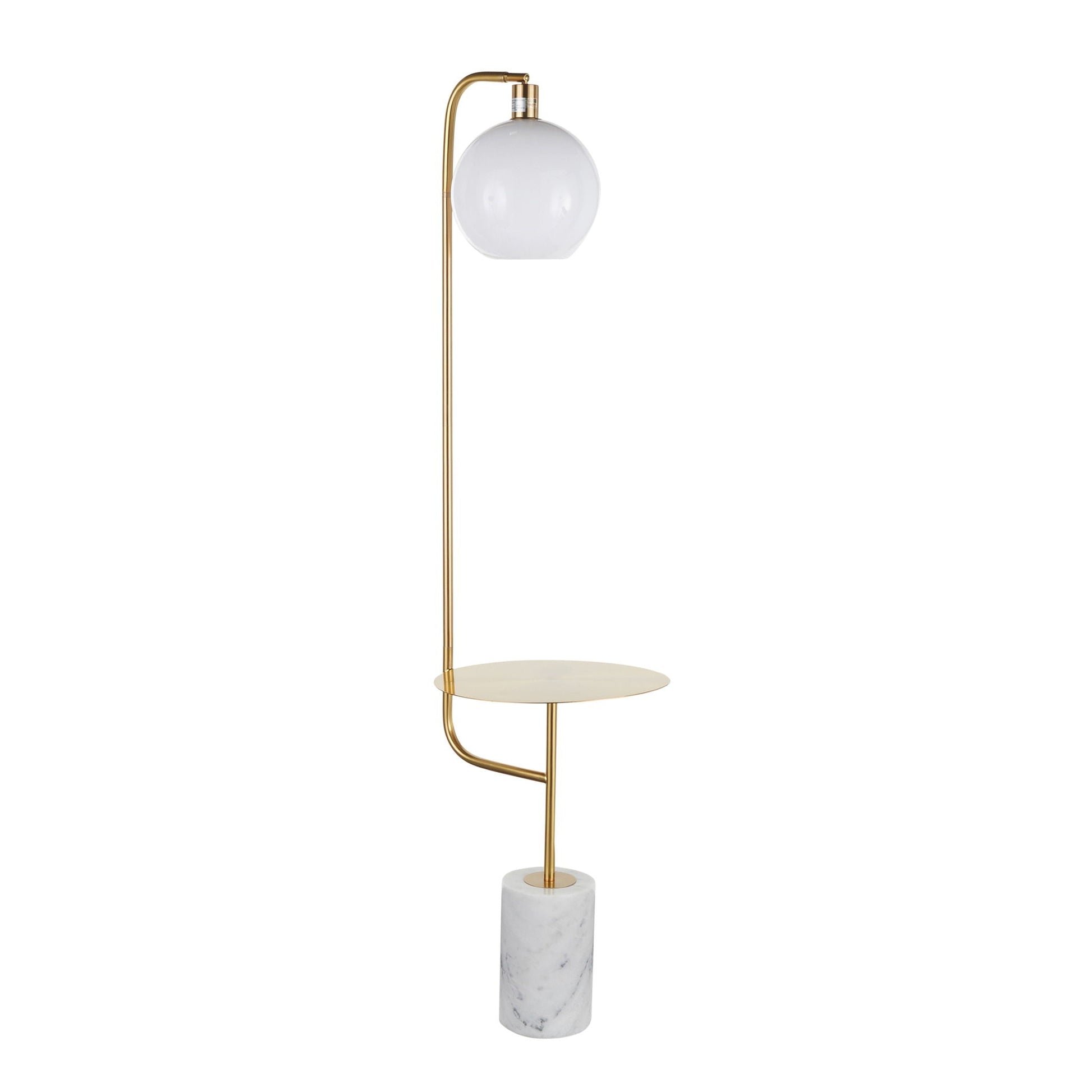 Symbol contemporary glam floor lamp with white marble side table and clear glass globe on Tampa Home & Garden Store