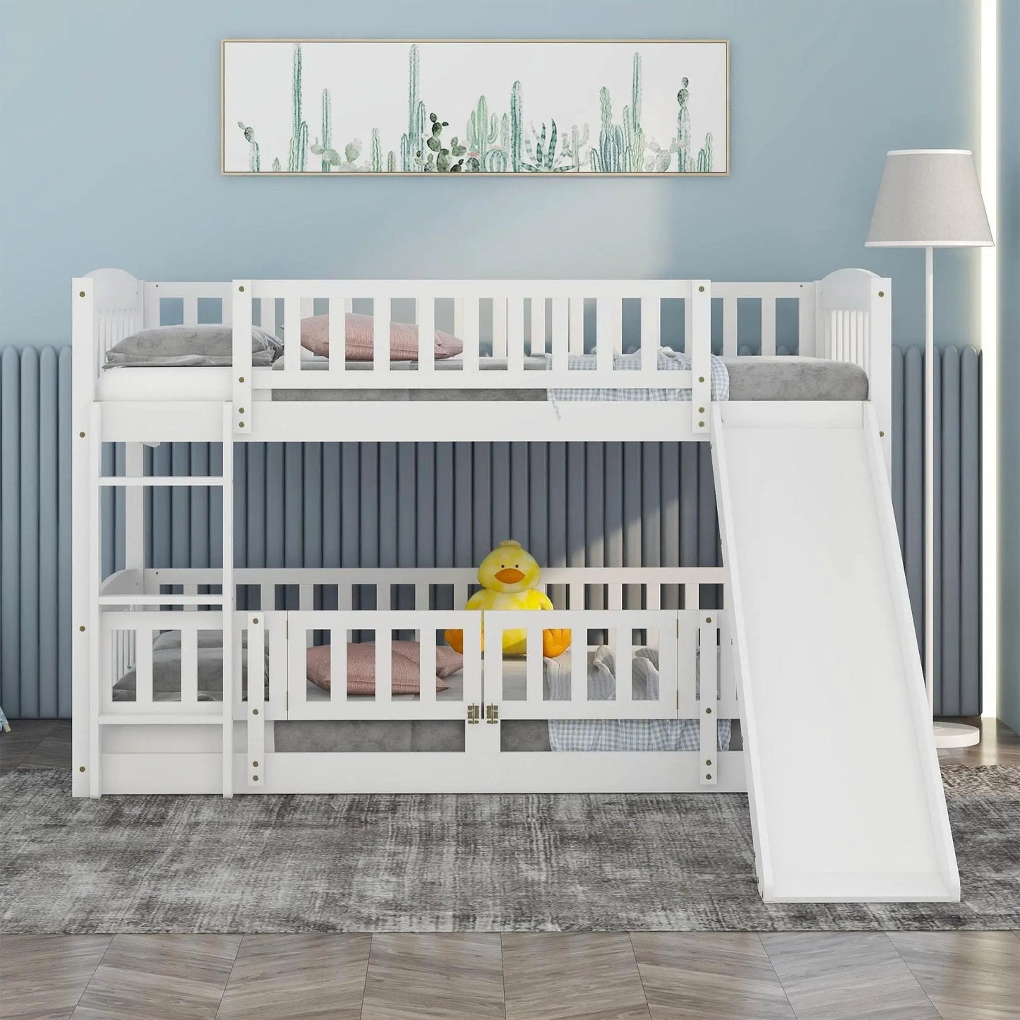 Low Bunk Bed With Slide Fence and Ladder