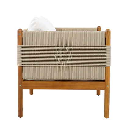 Outdoor Acacia Wood Club Chair with Diamond Rope Weave and Cushions, Teak Finish on Tampa Home & Garden Store