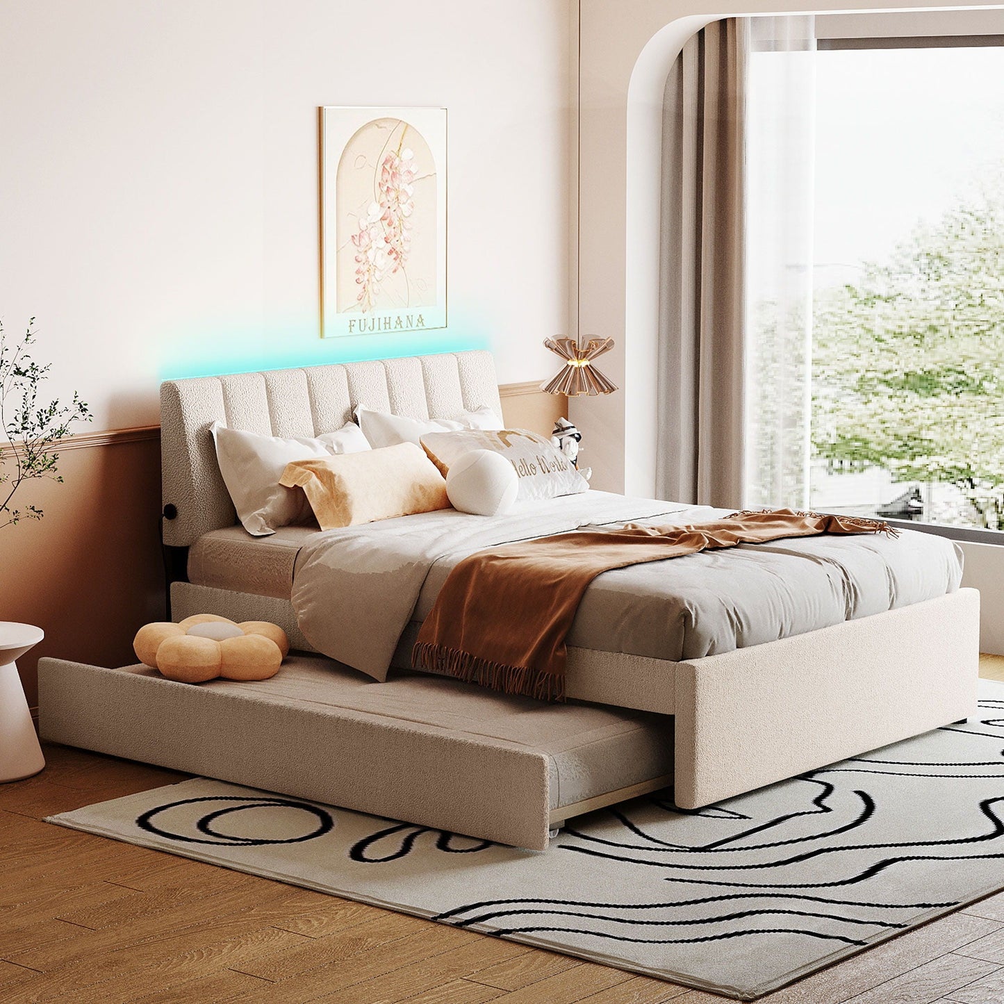 Upholstered platform bed with pull-out trundle in beige fabric by HouseOfZazla on Tampa Home & Garden Store