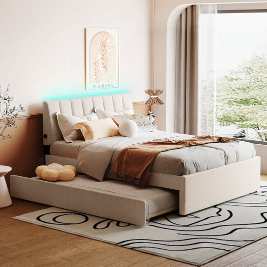 Stylish Upholstered Platform Bed and Trundle