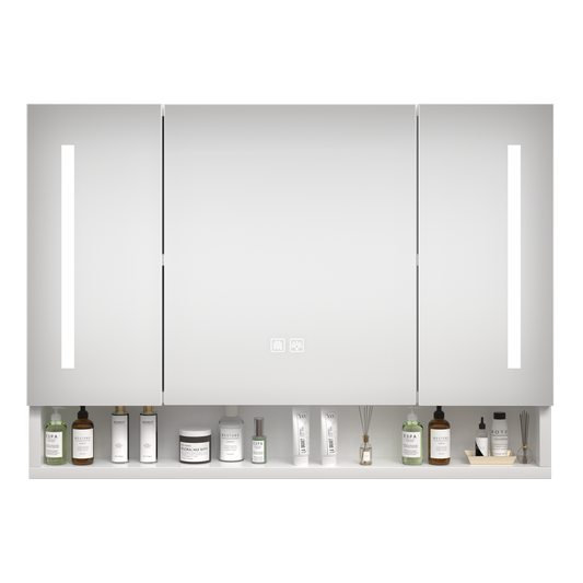 Tri-panel wall-mounted LED medicine cabinet in silver metal, 39x28 in, with vertical lights on Tampa Home & Garden Store