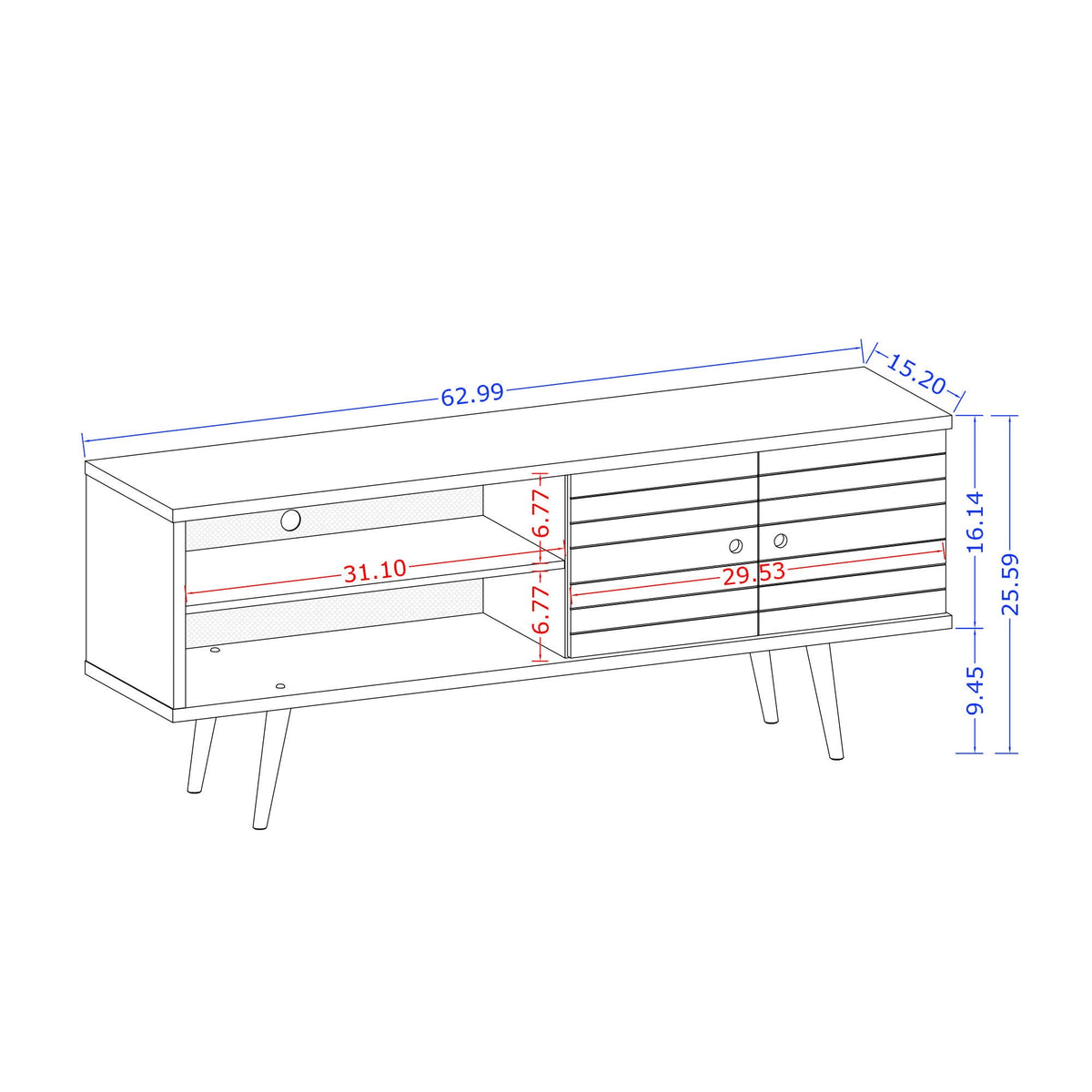 63in TV stand blueprint with solid wood legs and hidden storage compartments on Tampa Home & Garden Store