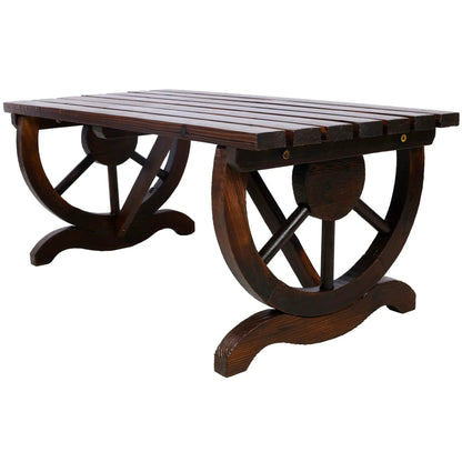 Rustic Wooden Bench with Wagon Wheel Legs Garden