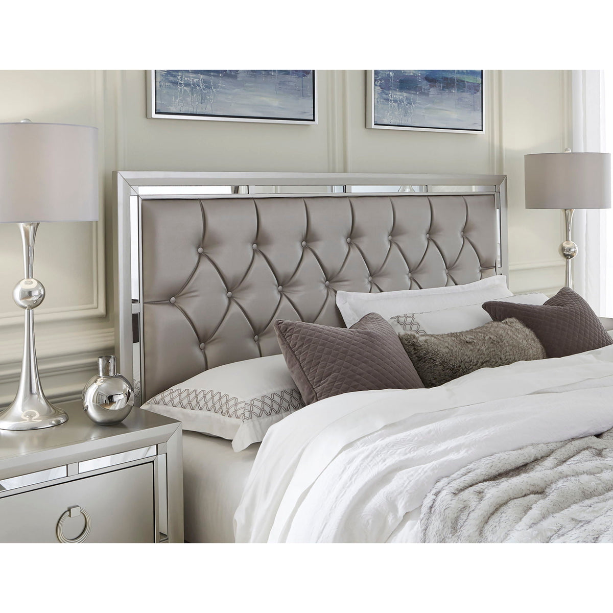 Chloe - Elegant Design Bed panel bed with tufted grey headboard and chrome frame by HouseOfZazla on Tampa Home & Garden Store