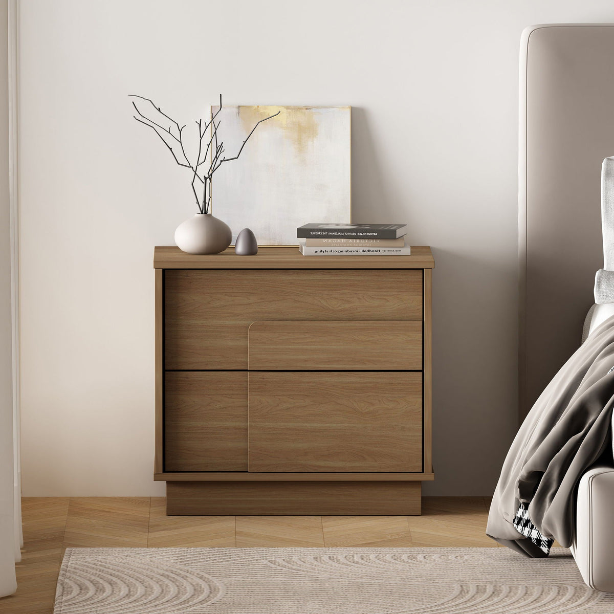 HouseOfZazla modern nightstand with push-to-open drawers in light brown wood on Tampa Home & Garden Store