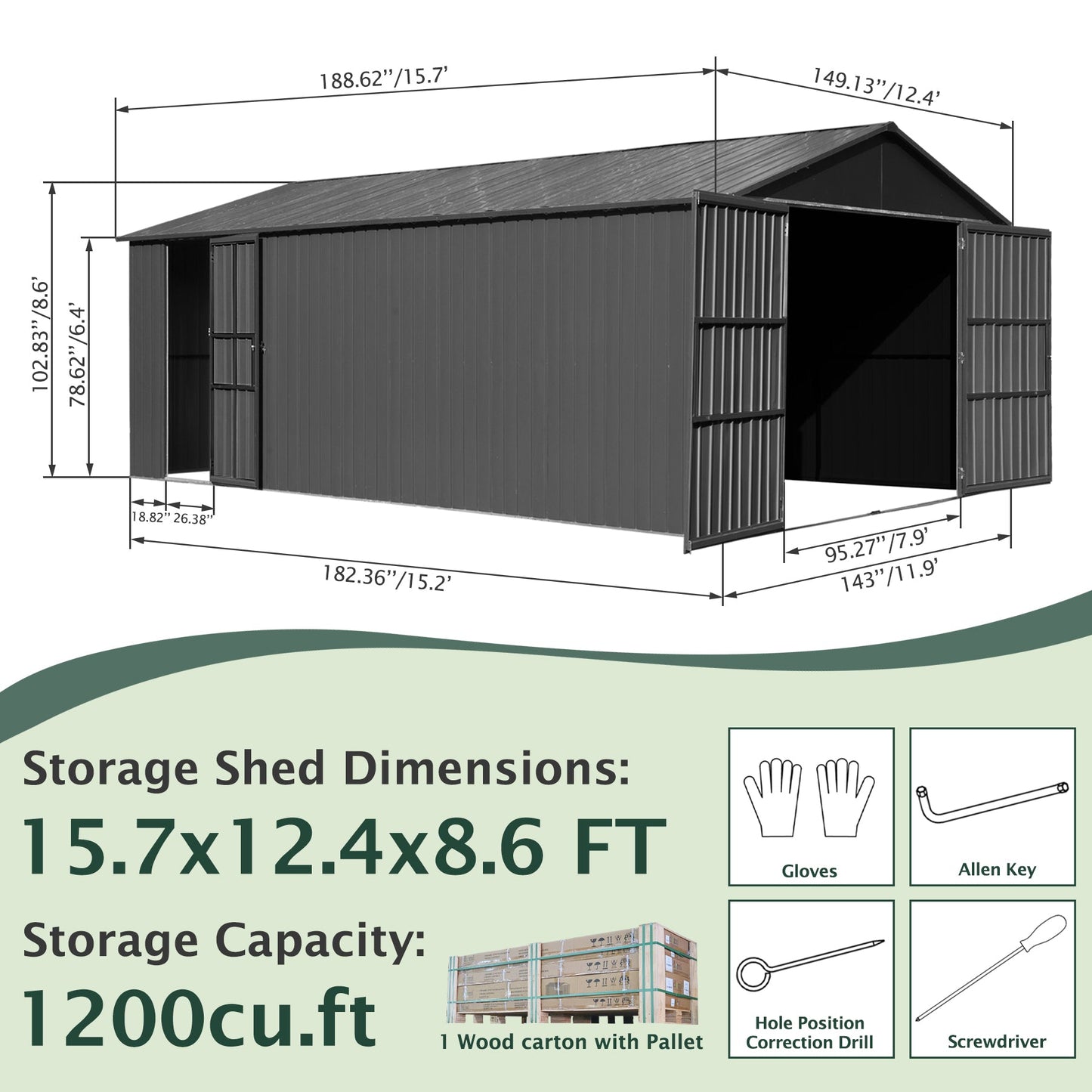 12x15FT Outdoor Metal Garage Shed by HouseOfZazla, gray steel panels with wide double doors on Tampa Home & Garden Store