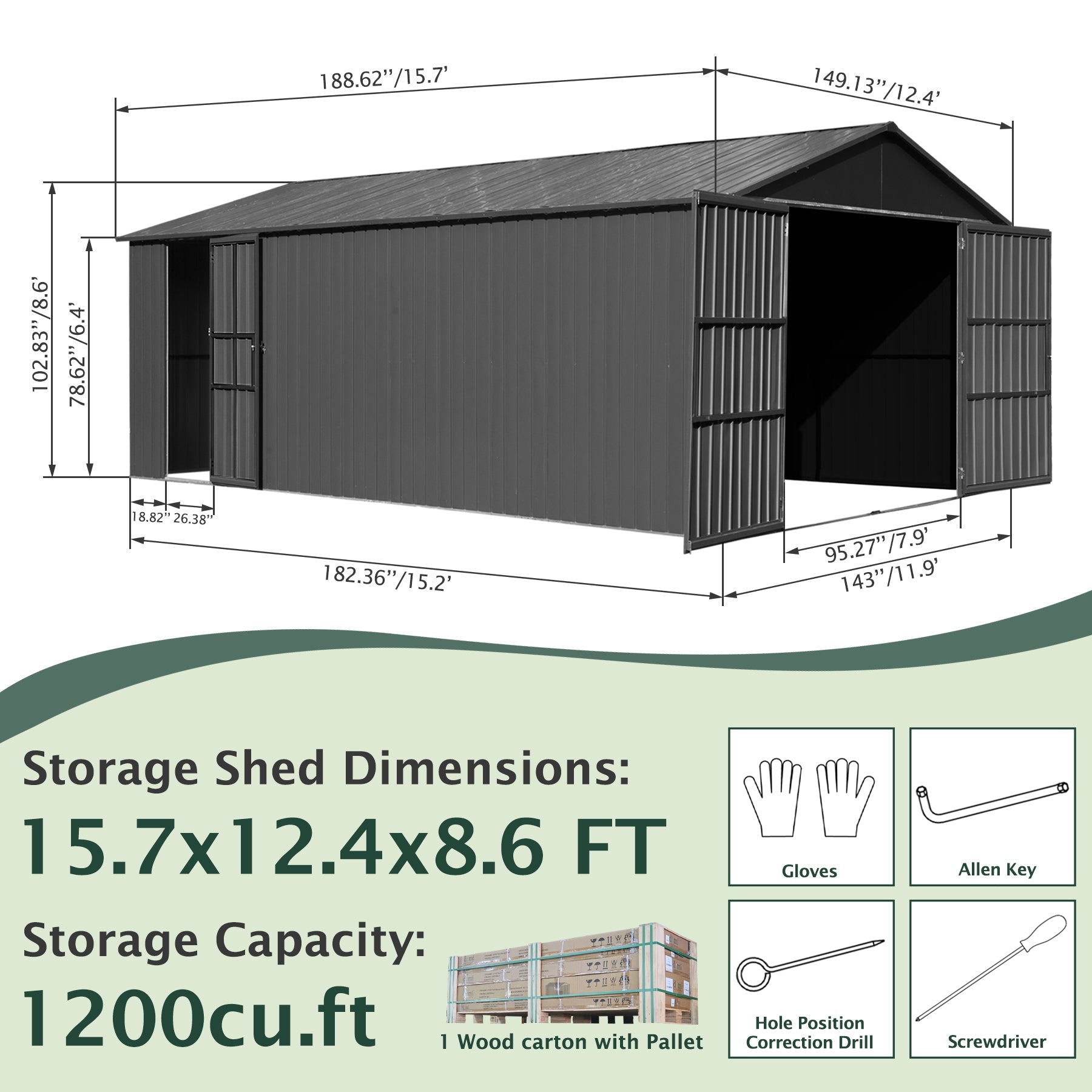 12x15FT Outdoor Metal Garage Shed by HouseOfZazla, gray steel panels with wide double doors on Tampa Home & Garden Store