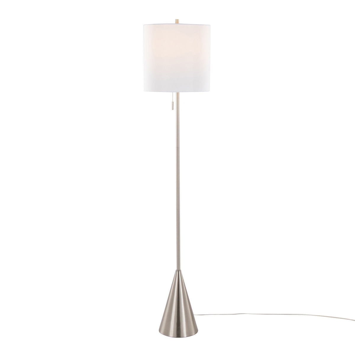 Cone Contemporary Floor Lamp by HouseOfZazla, nickel with white drum shade, pull-chain on Tampa Home & Garden Store