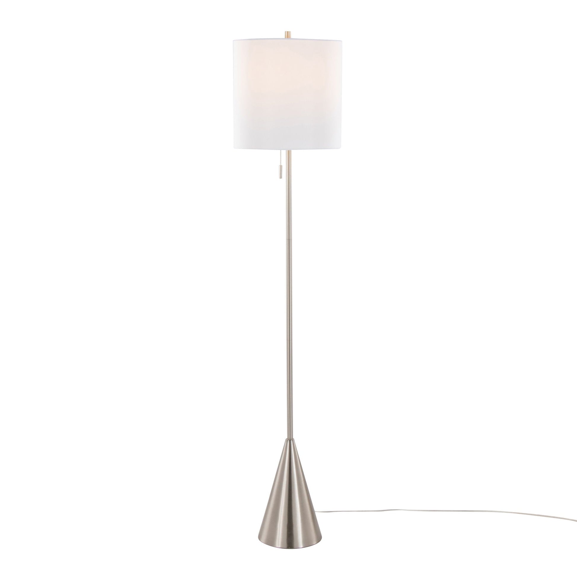 Cone Contemporary Floor Lamp by HouseOfZazla, nickel with white drum shade, pull-chain on Tampa Home & Garden Store