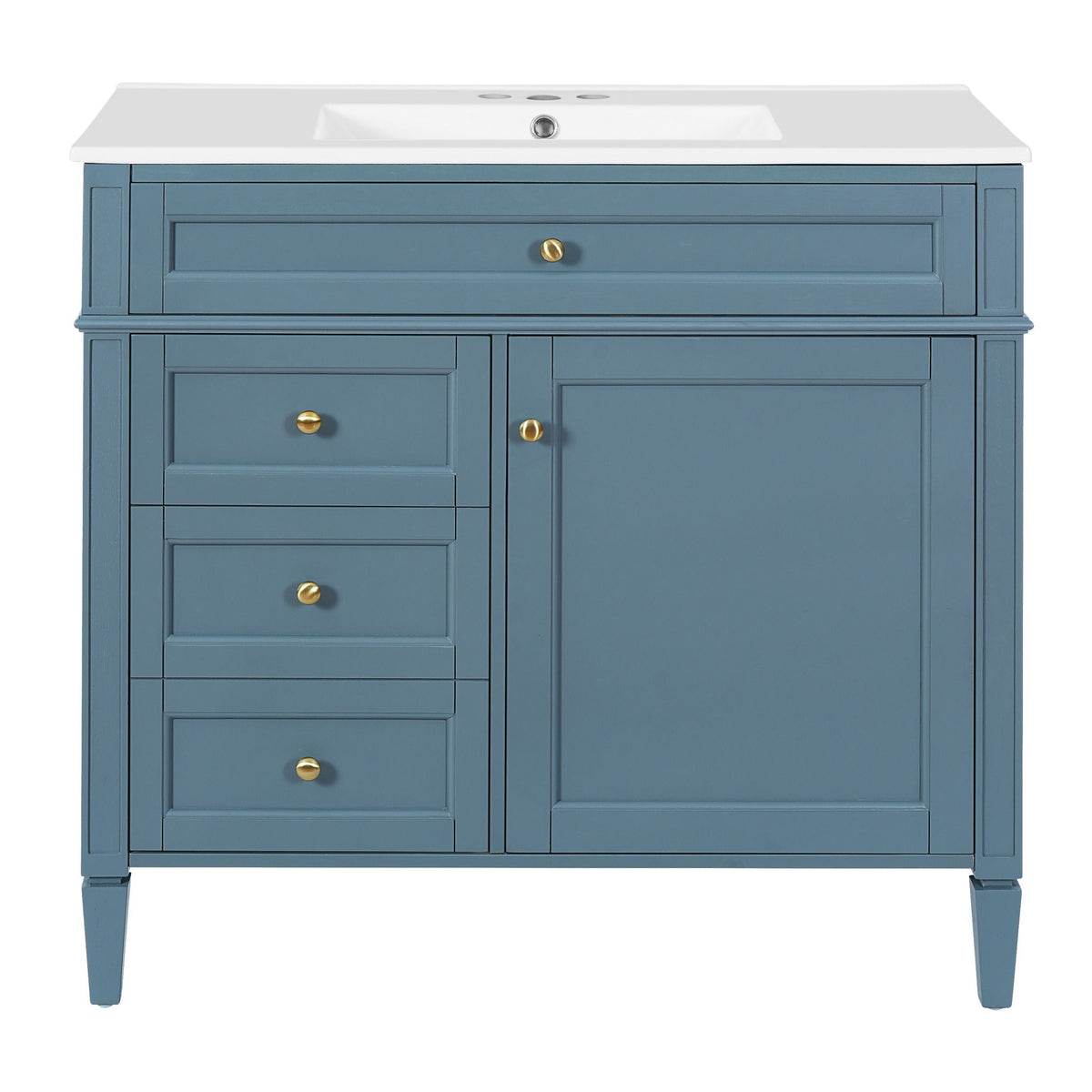 36in bathroom vanity with ceramic sink, blue cabinet with storage drawers, brass knobs on Tampa Home & Garden Store