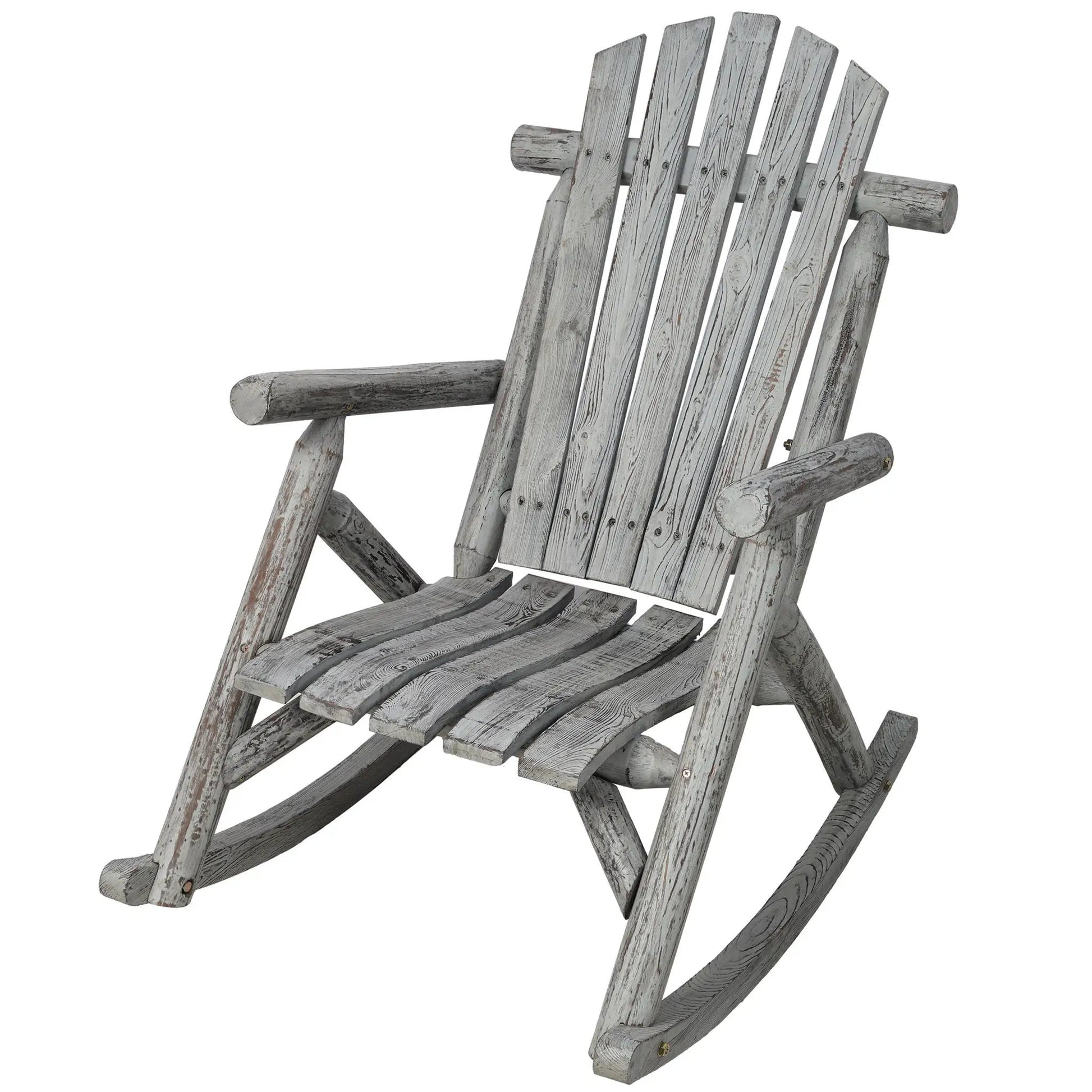 Durable fir wood porch rocker with weathered gray finish and slatted back on Tampa Home & Garden Store