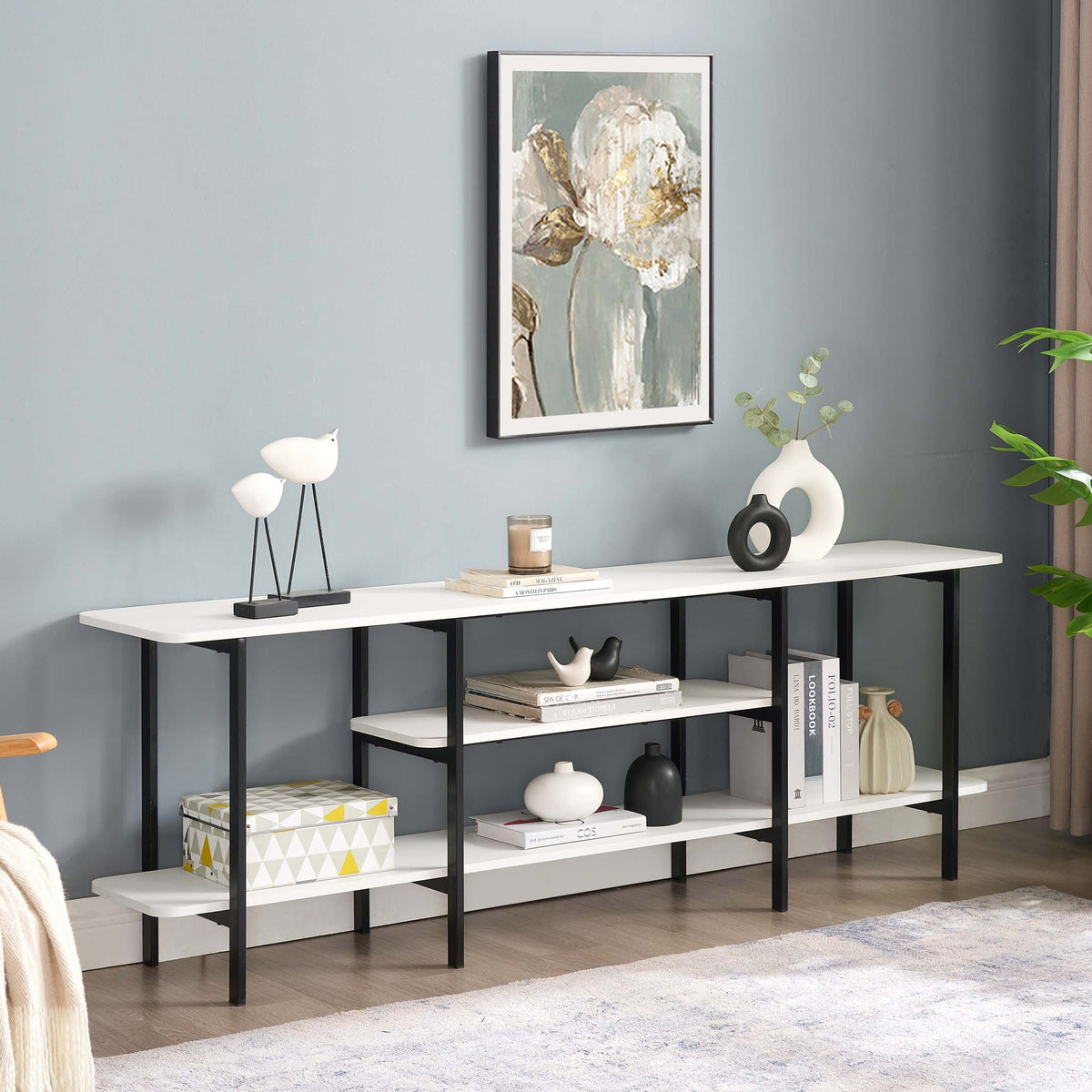 Celine 3 Shelf Console Table with white wood veneer top and black metal legs on Tampa Home & Garden Store