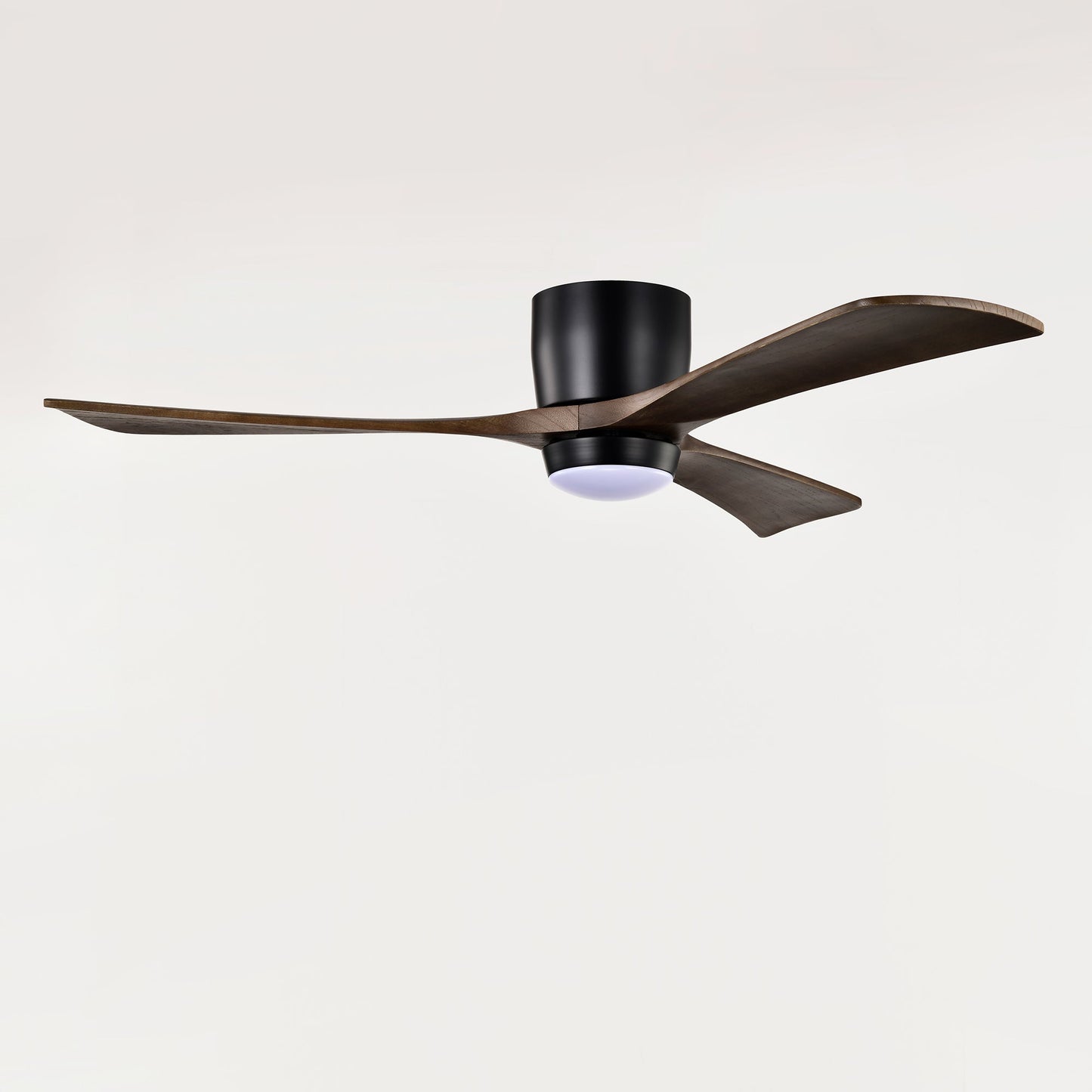 52-inch flush-mount ceiling fan with 3 curved solid wood blades, black motor housing and light on Tampa Home & Garden Store