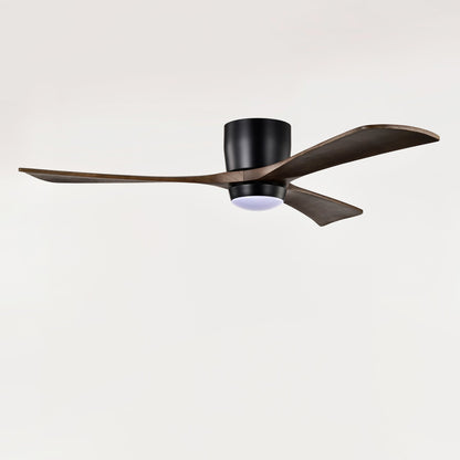 52-inch flush-mount ceiling fan with 3 curved solid wood blades, black motor housing and light on Tampa Home & Garden Store