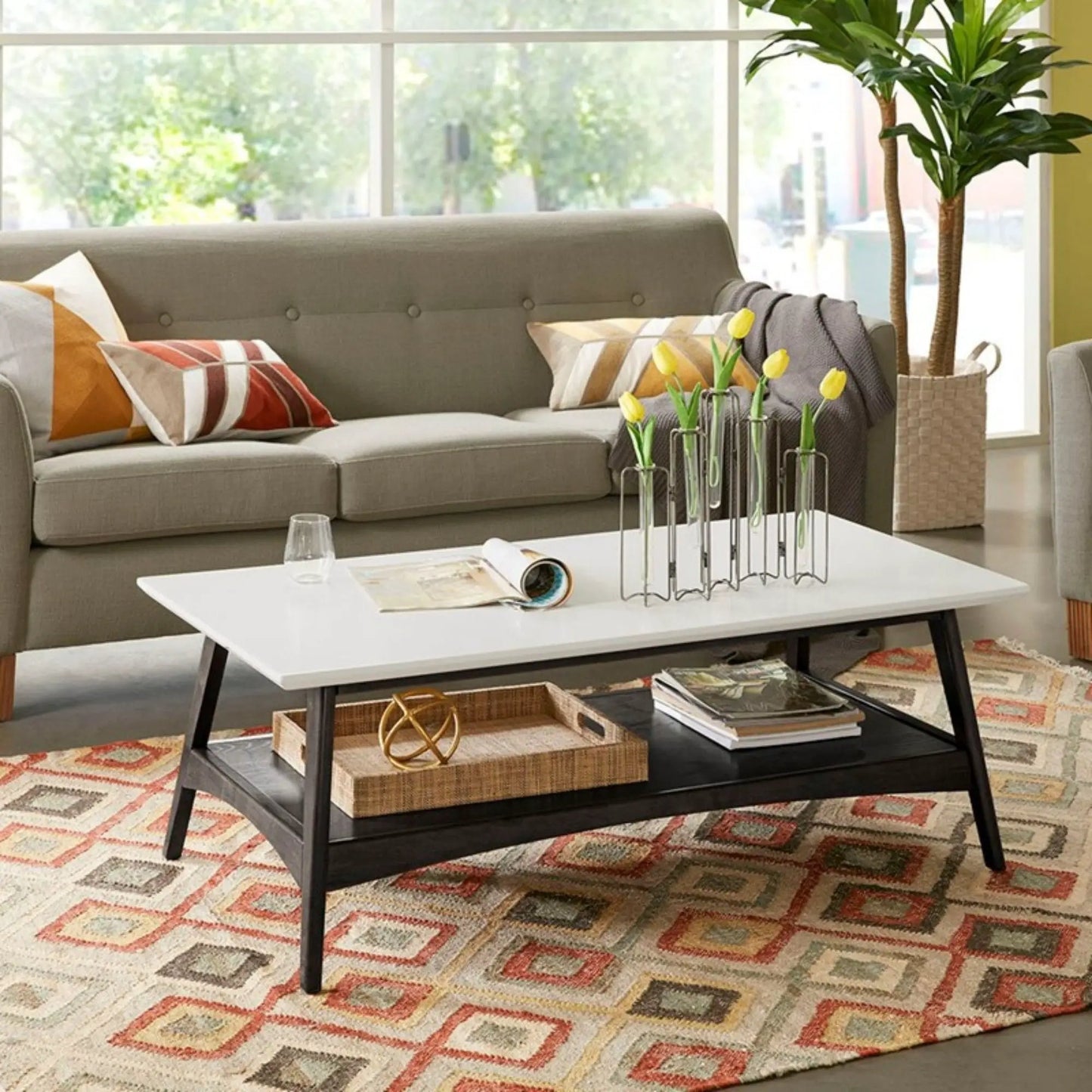 Modern Table With Extra Storage coffee table white top black legs, baskets in living room on Tampa Home & Garden Store