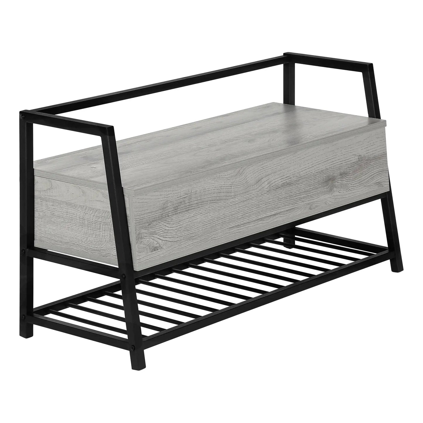 Rectangular storage bench with a light gray wood drawer and black metal frame on Tampa Home & Garden Store