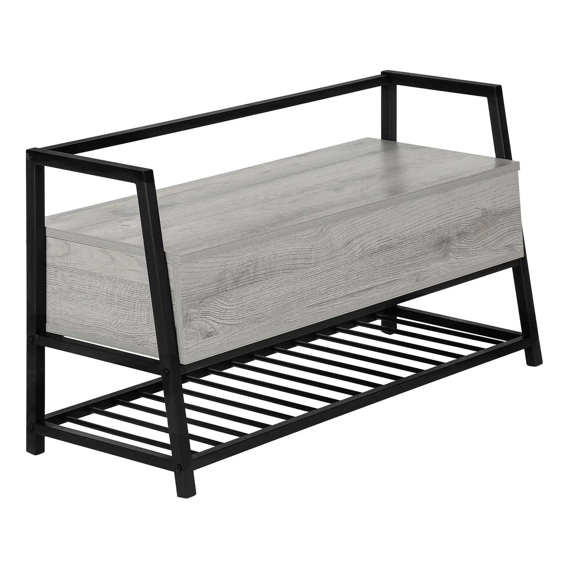 Rectangular storage bench with a light gray wood drawer and black metal frame on Tampa Home & Garden Store
