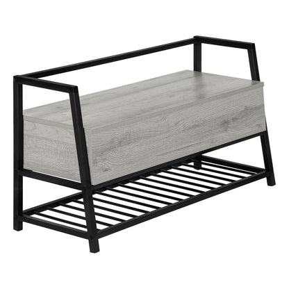 Rectangular storage bench with a light gray wood drawer and black metal frame on Tampa Home & Garden Store