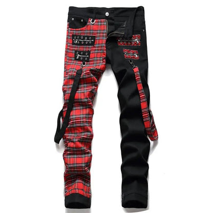 Black Panel Colorblock Jeans Nonstretch Straight Men's FLIPSTYLEZLLC red plaid left leg, black right leg on Tampa Home & Garden Store