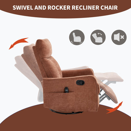 Orange Heat Massage Recliner Chair with Rocker and Swivel brown upholstery with remote pocket on Tampa Home & Garden Store