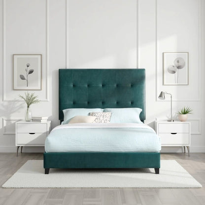 Tufted upholstered headboard platform bed in teal velvet with nightstands and botanical art on Tampa Home & Garden Store