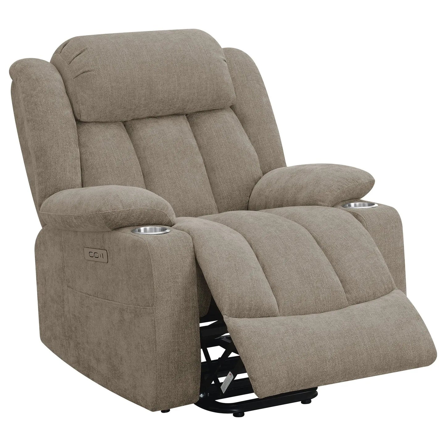 Beca power lift recliner in taupe fabric with cupholders and USB charging on Tampa Home & Garden Store