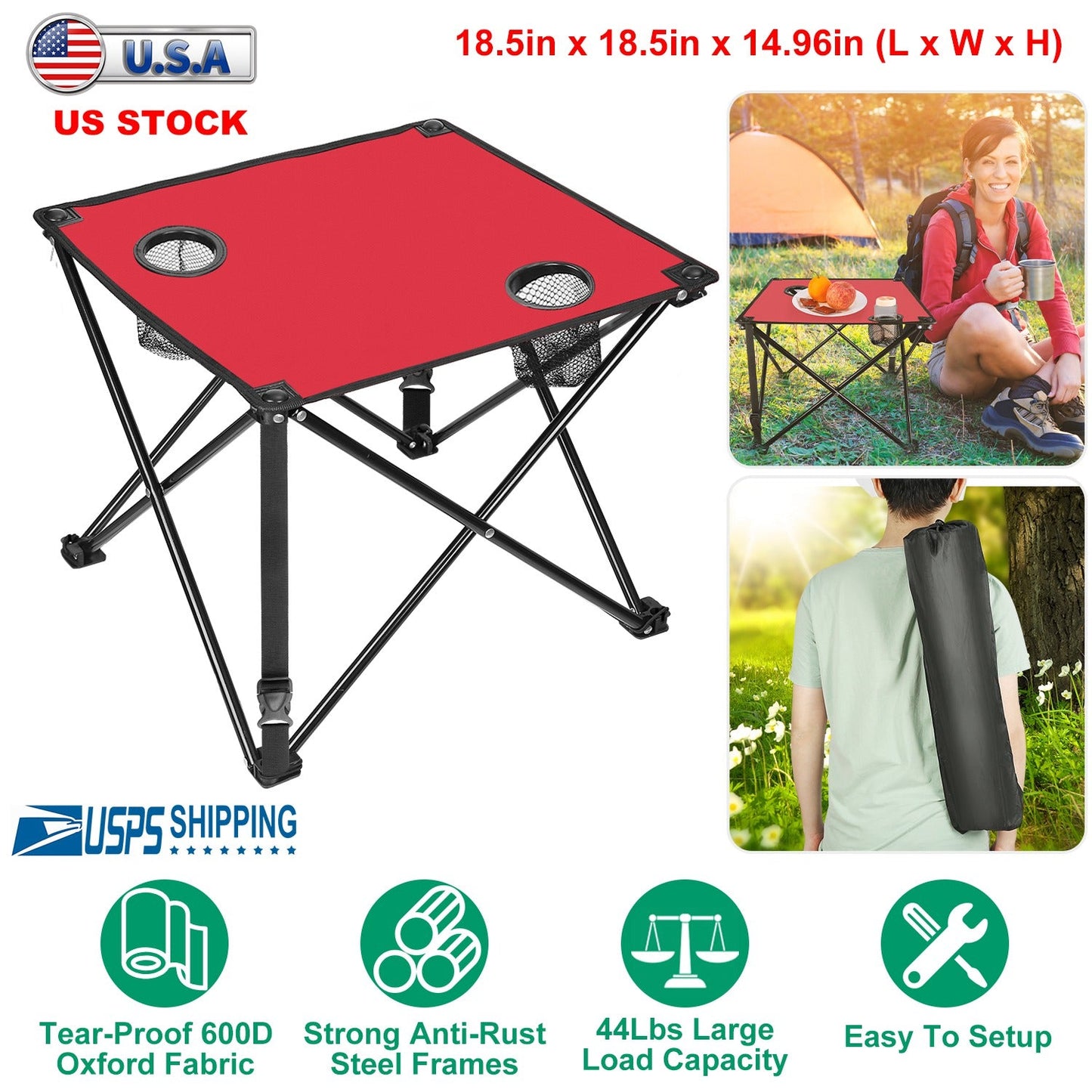 2Pcs foldable camping table red top with 2 cup holders and carrying bag GemGear on Tampa Home & Garden Store