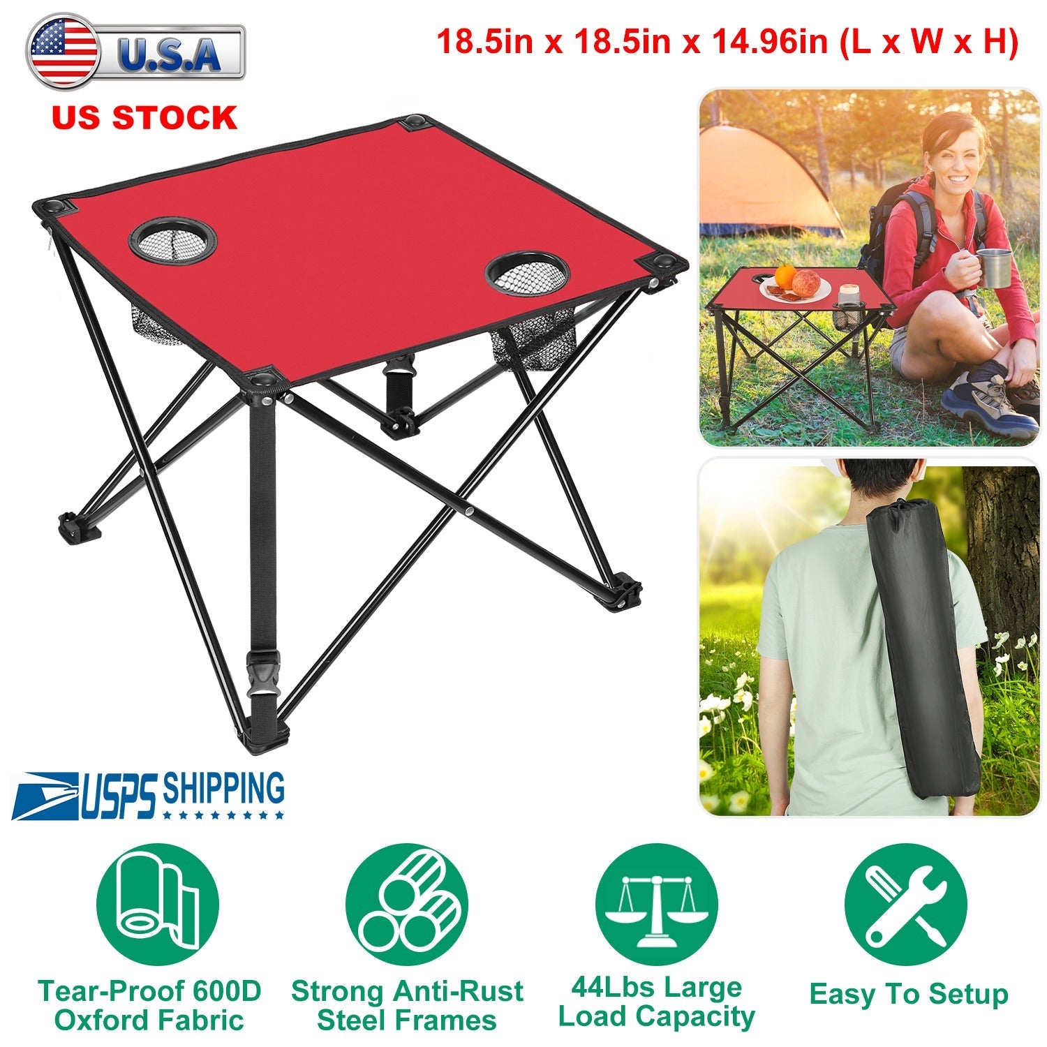 2Pcs foldable camping table red top with 2 cup holders and carrying bag GemGear on Tampa Home & Garden Store