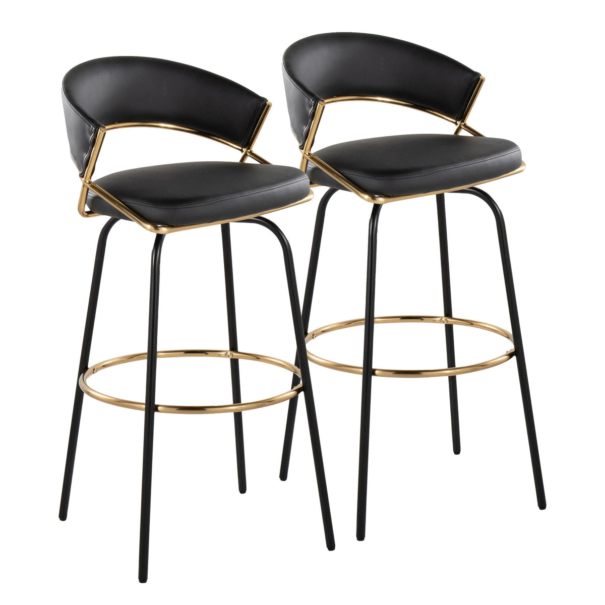 Fixed-height contemporary black barstool set with gold frames and circular footrests, 2 stools on Tampa Home & Garden Store