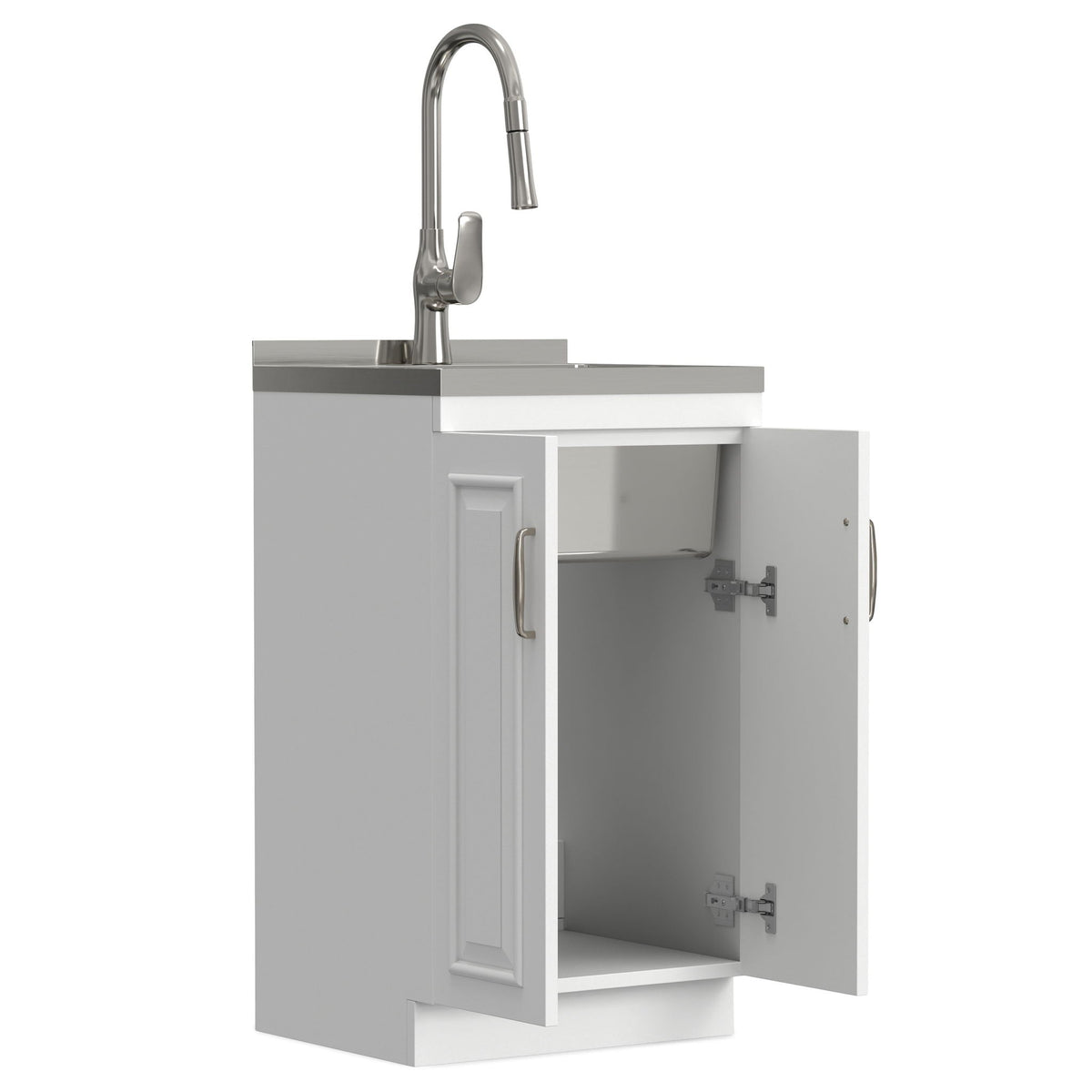 Deluxe Laundry Cabinet and Stainless Steel Sink with gooseneck faucet, white cabinet on Tampa Home & Garden Store