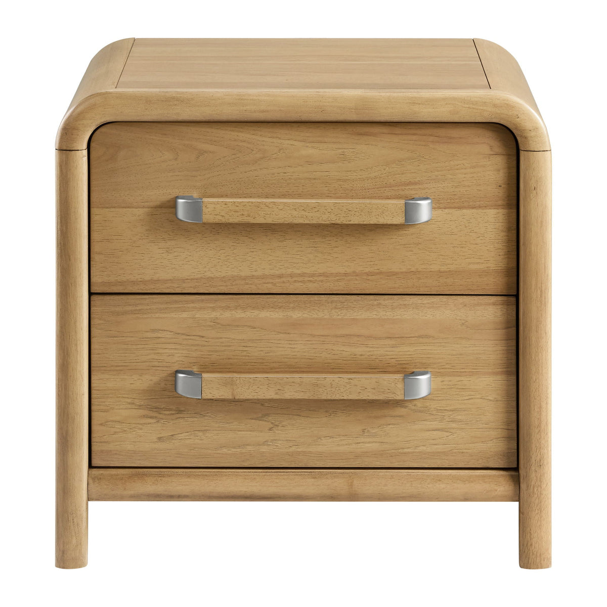 2-drawer brown wood nightstand with USB charging, rounded corners, silver metal handles on Tampa Home & Garden Store