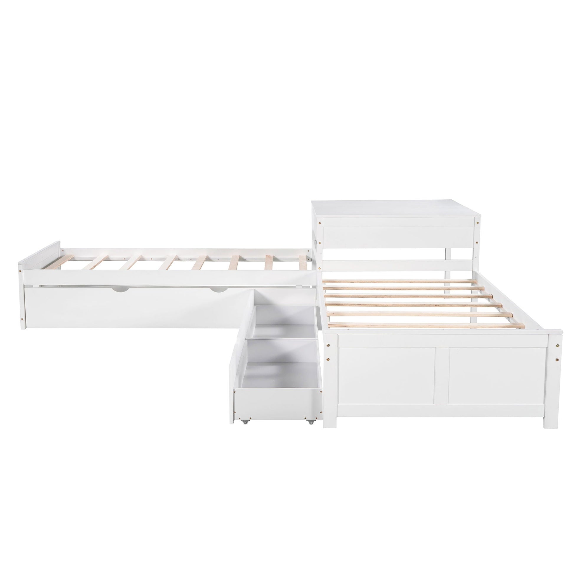 White L-shaped platform bed with built-in desk, trundle and drawers by HouseOfZazla on Tampa Home & Garden Store