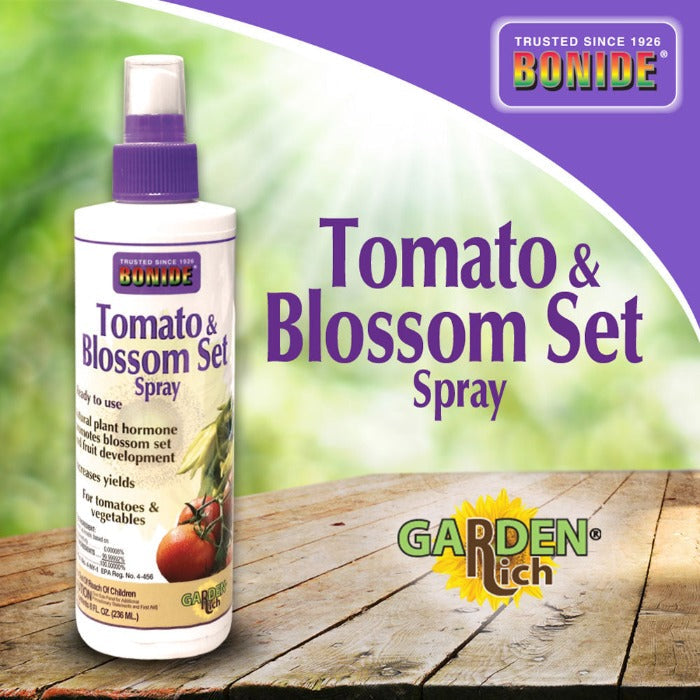 Tomato & Blossom Set Spray bottle by Bonide, 8 oz, purple cap with tomato graphic on wooden deck on Tampa Home & Garden Store