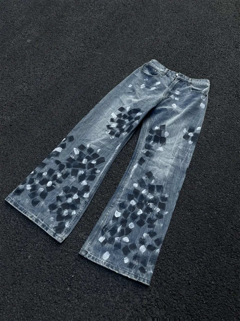 Slightly Flared Wide Leg Jeans for men in blue denim with paint-splatter pattern on Tampa Home & Garden Store