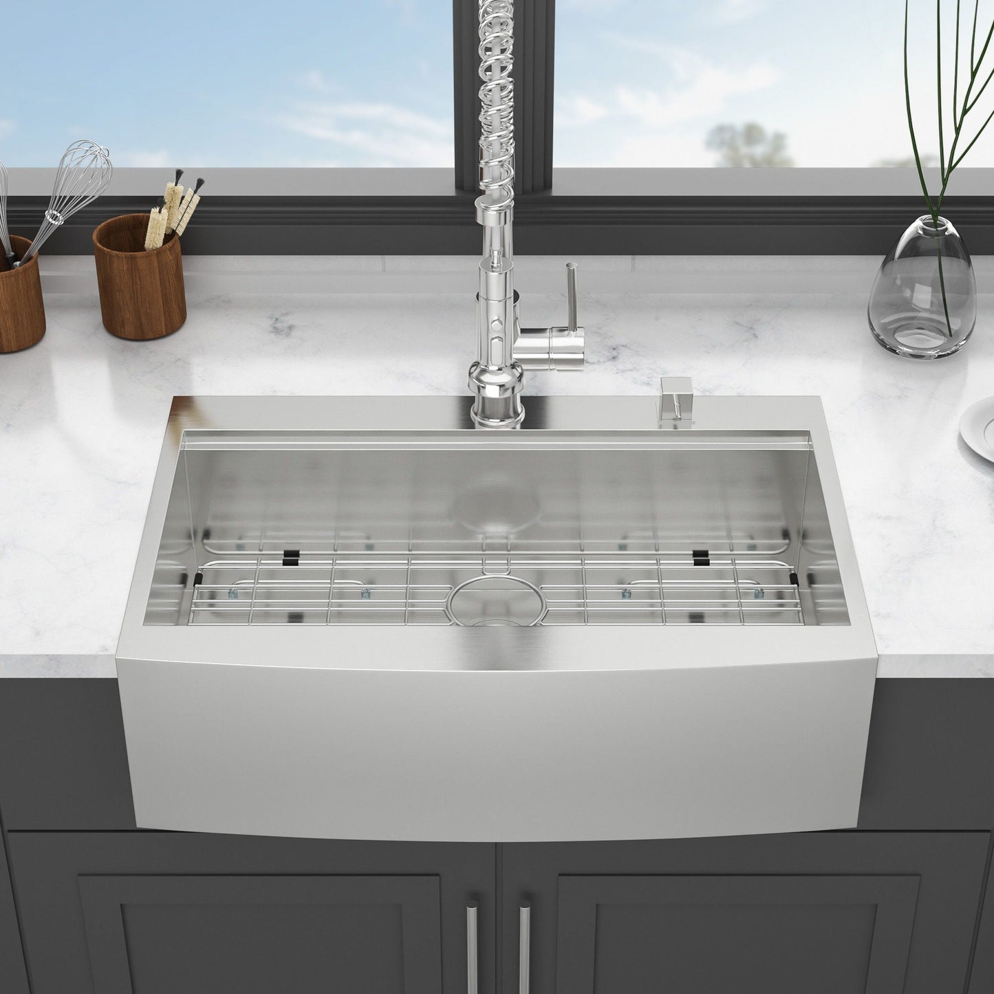 Stainless steel apron-front drop-in workstation kitchen sink with tall spiraled spring faucet on Tampa Home & Garden Store