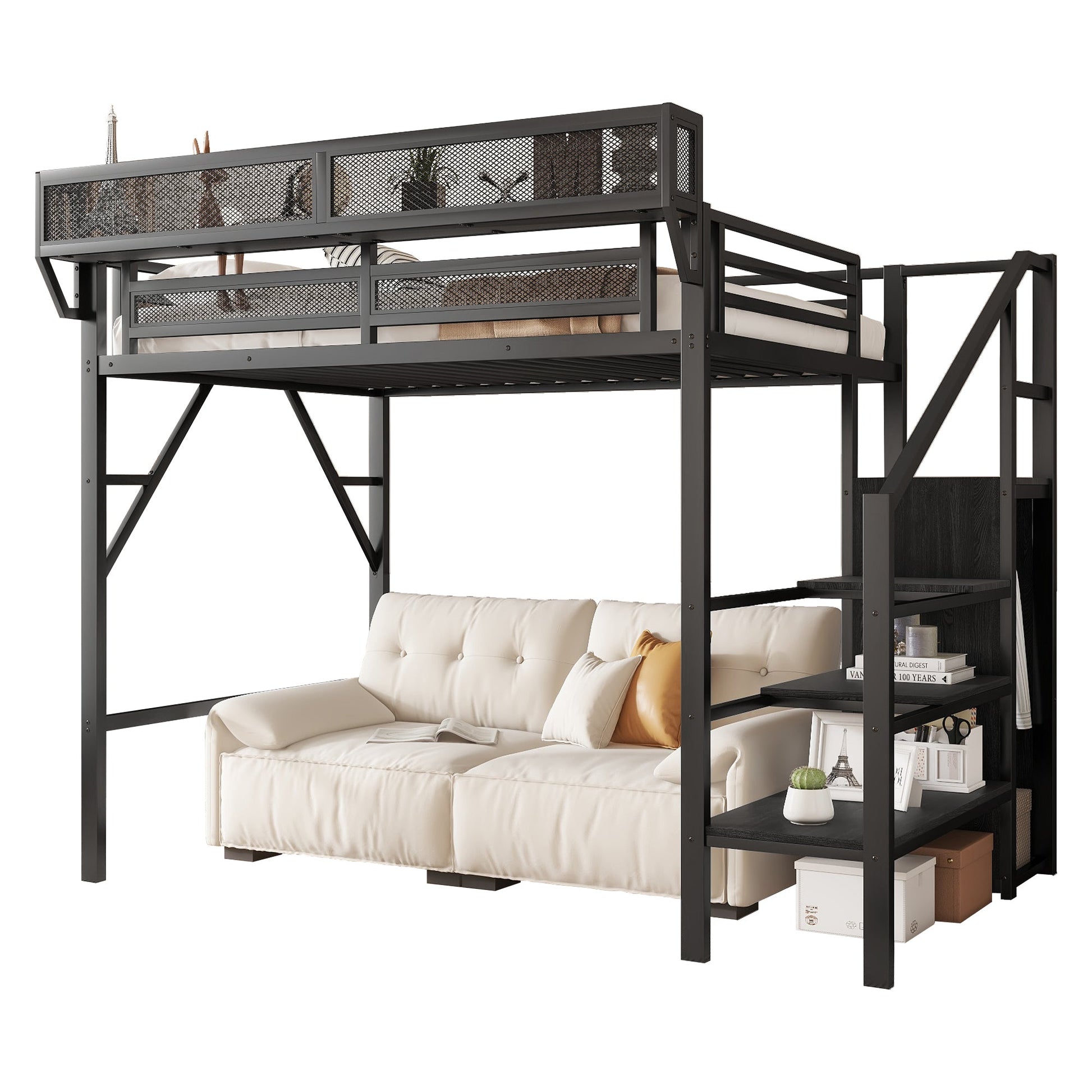 Twin size loft bed with stairs in dark metal frame with storage shelves by HouseOfZazla on Tampa Home & Garden Store