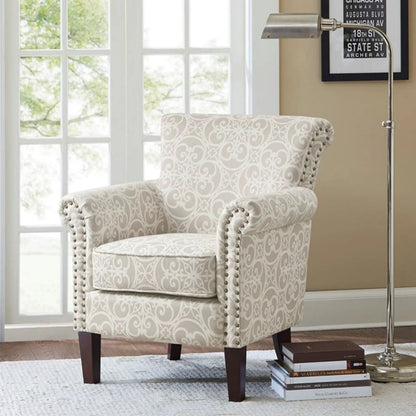Brooke Tight Back Club Chair in light gray damask fabric with nailhead trim and dark wood legs on Tampa Home & Garden Store