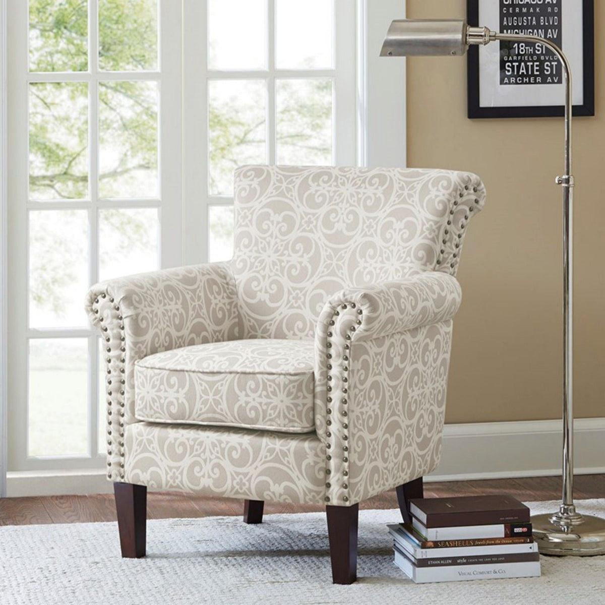 Tight Back Club Chair nailhead trim beige fabric, dark wood legs HouseOfZazla armchair on Tampa Home & Garden Store