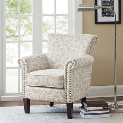 Tight Back Club Chair nailhead trim beige fabric, dark wood legs HouseOfZazla armchair on Tampa Home & Garden Store