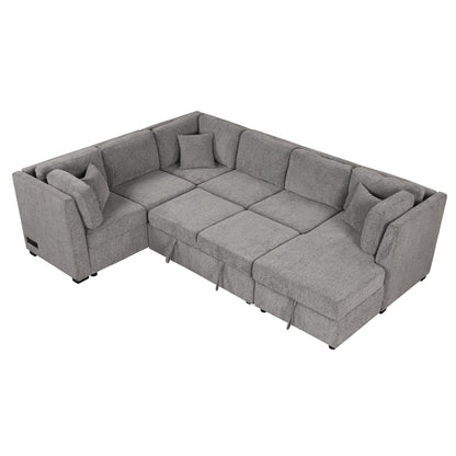 Grey U-shaped sleeper sectional with chaise, three back pillows and USB ports on Tampa Home & Garden Store