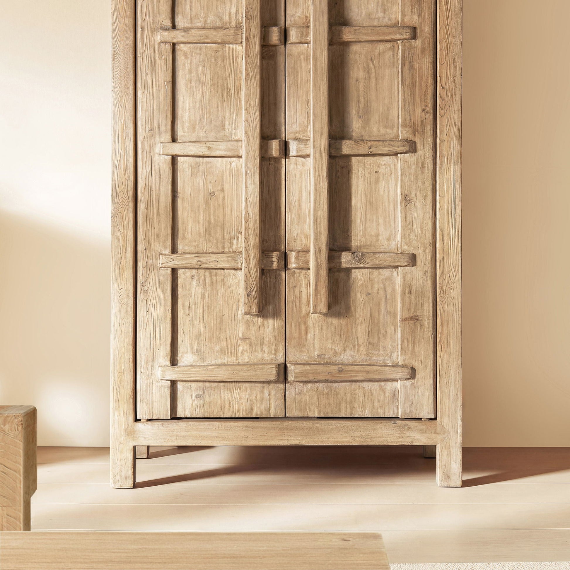 Rowan storage cabinet with double doors in natural wood finish, rustic panel detailing on Tampa Home & Garden Store