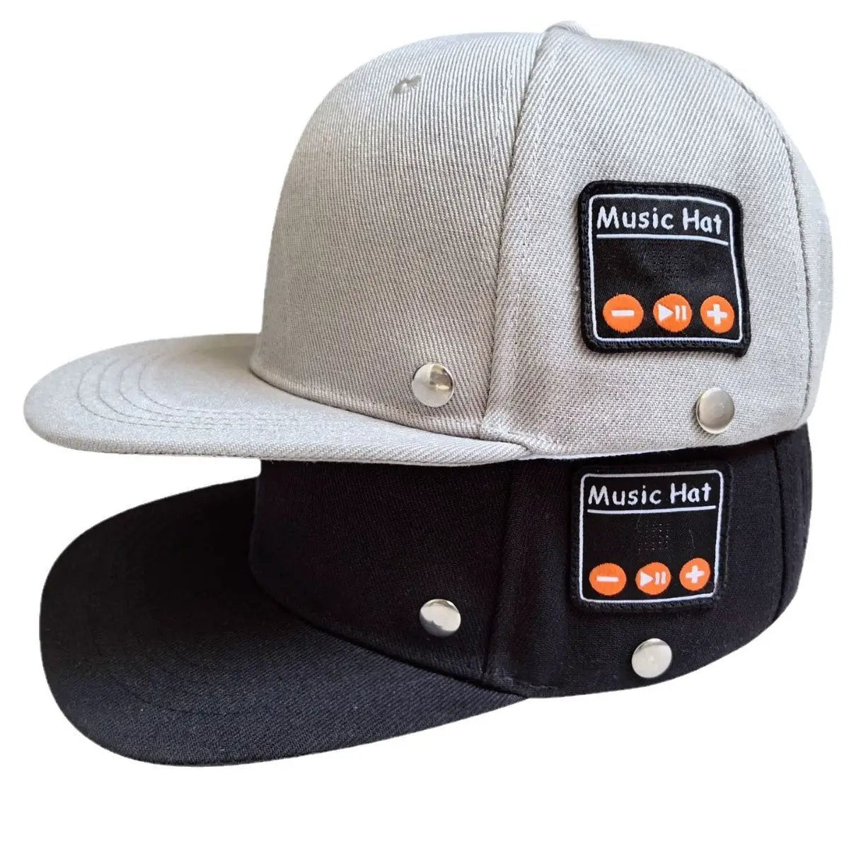 Bluetooth-compatible Music Hat cap set gray and black hats with two orange control patches on Tampa Home & Garden Store